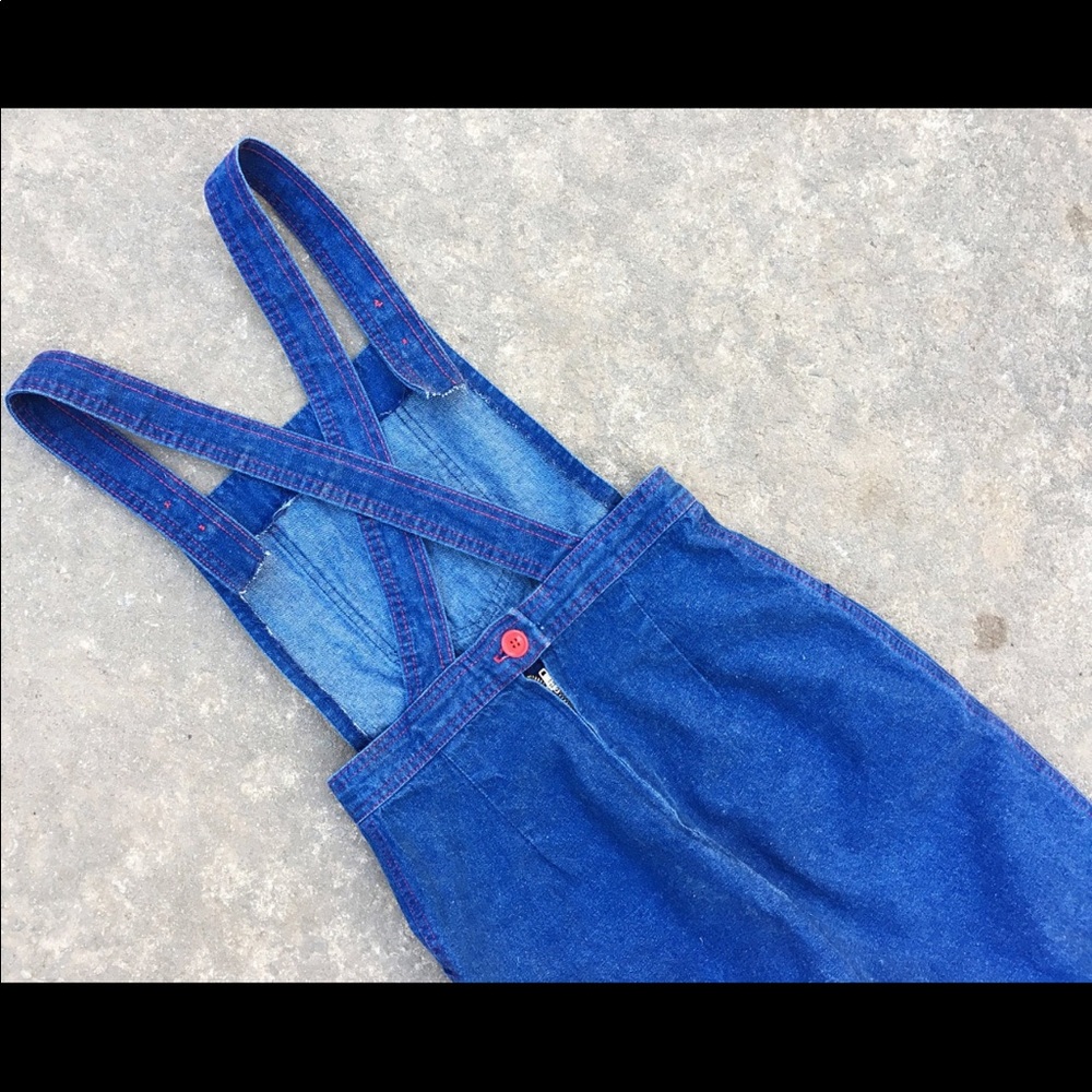 70s High Waisted Bird Floral Denim Overalls XS - Picture 5 of 5